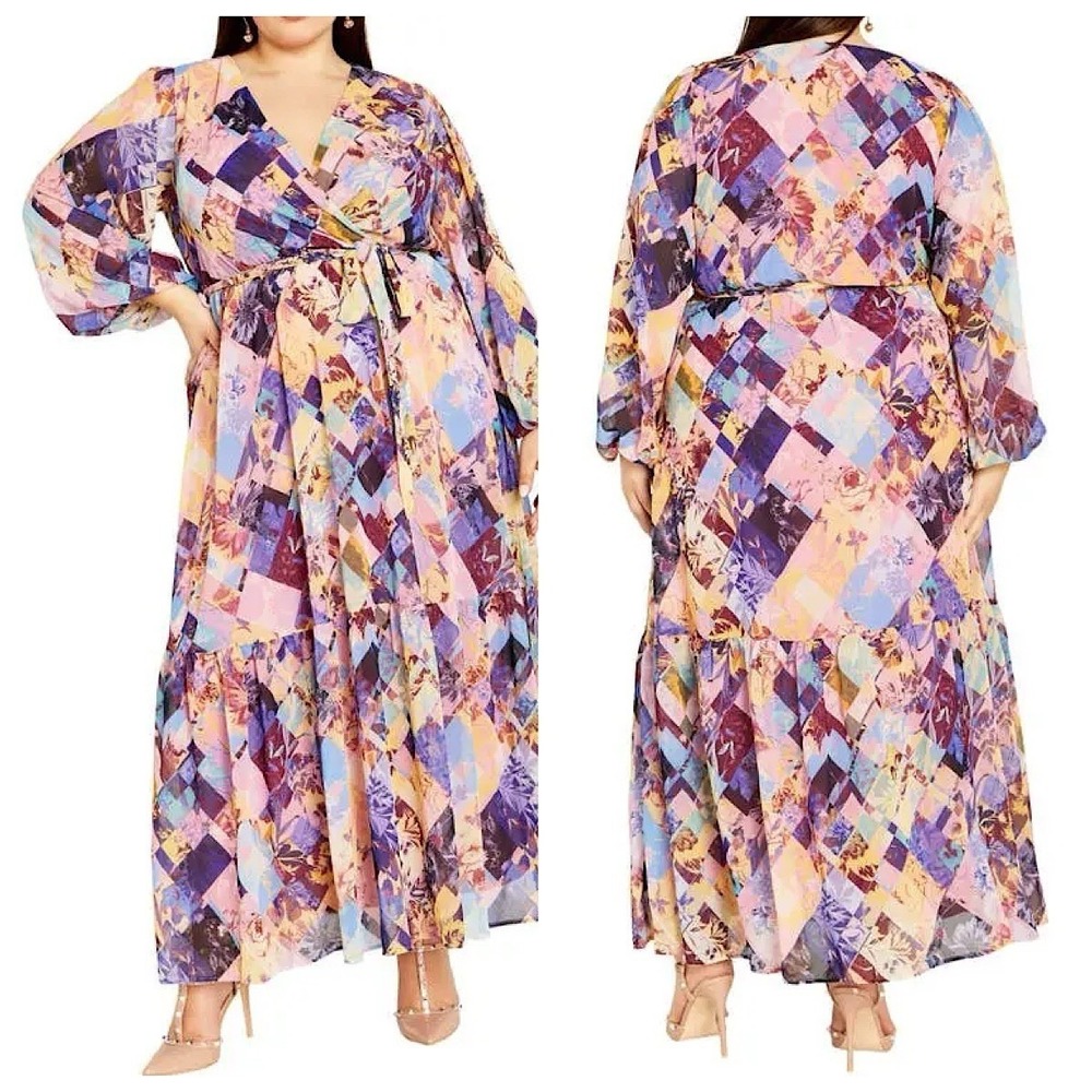 City Chic Charlie V-Neck Maxi Dress Sz XXS 12 Mixed Print Long Sleeve Belted